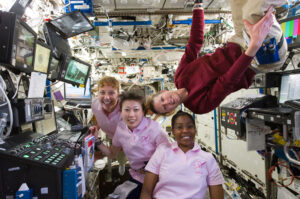 Celebrating International Women's Day On April 8, 2010, STS-131 mission specialists Stephanie Wilson of NASA, Naoko Yamazaki of JAXA, Dorothy Metcalf-Lindenburger of NASA, and Expedition 23 flight engineer Tracy Caldwell Dyson (top left) work at the robotics workstation on the International Space Station, in support of transfer operations using the station's Canadarm2 robotic arm .
